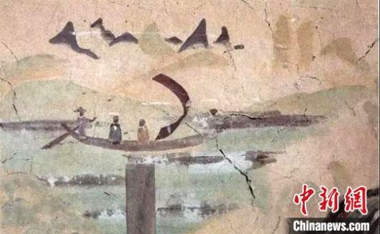 “一人搖櫓晃扁舟，兩人撐篙水上漂?！眻D為莫高窟第323窟《搖櫓帆船》（初唐）?！《鼗脱芯吭汗﹫D