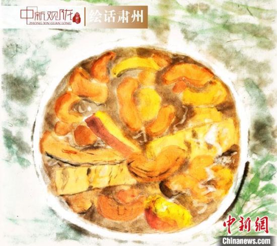 圖為酒泉美食“糊鍋”繪畫(huà)作品?！《排d彥 攝