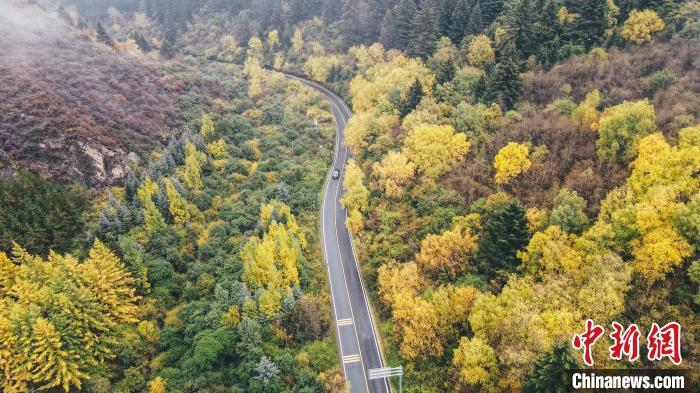 深秋，航拍位于蘭州市榆中縣的興隆山，景色如畫。金峯 攝</p>
<p>