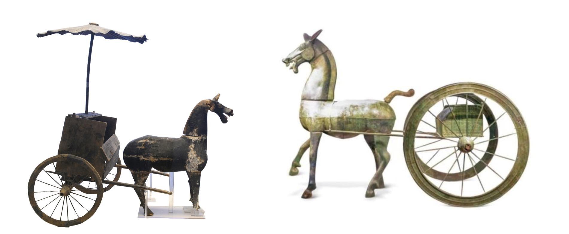 △左為漢代木軺車，藏于青海省博物館；右為東漢銅車馬，藏于黔西南州博物館。